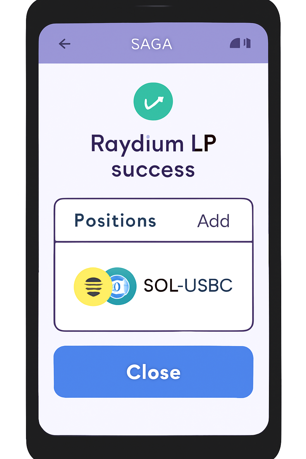 Saga 2 screen confirming Raydium LP success with positions tab open showing new SOL-USDC position