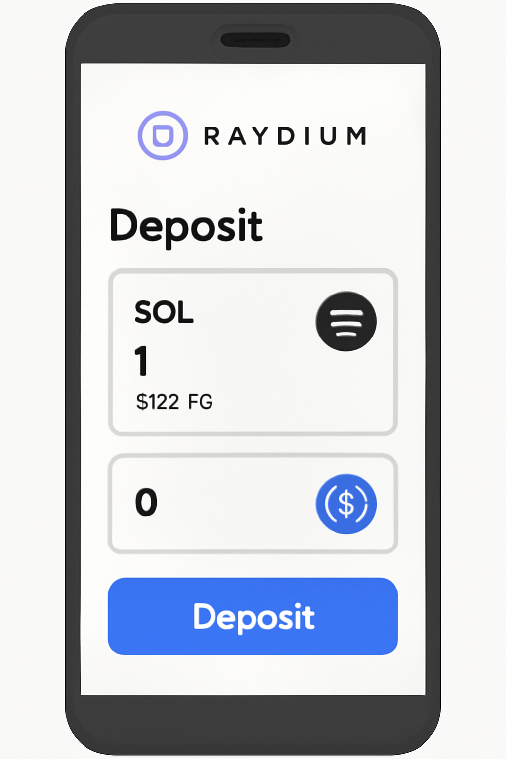 Saga 2 Raydium screen with deposit form showing 1 SOL at $127.78 and USDC input fields