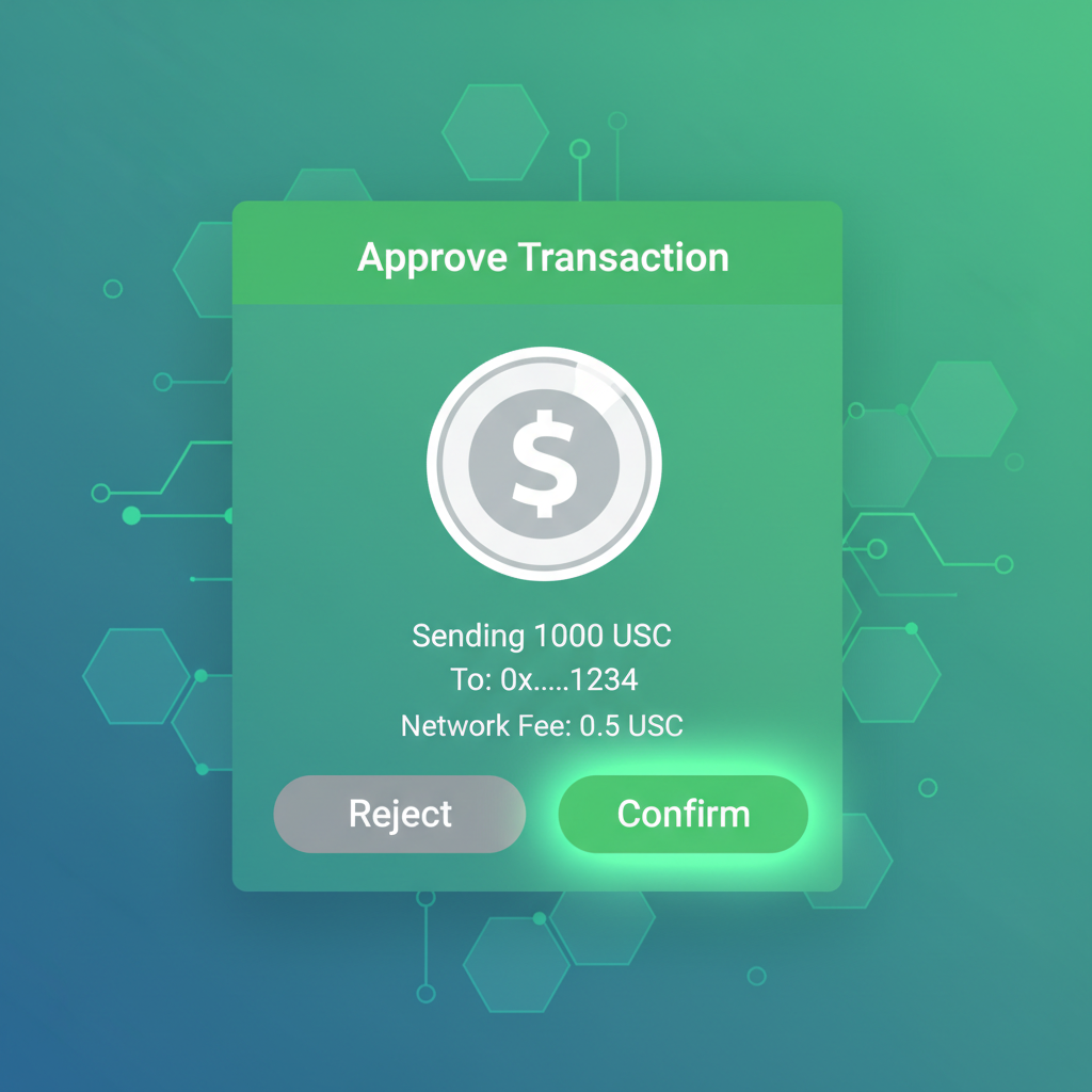 crypto wallet popup approving USDC transaction, blockchain network visualization, green approval glow