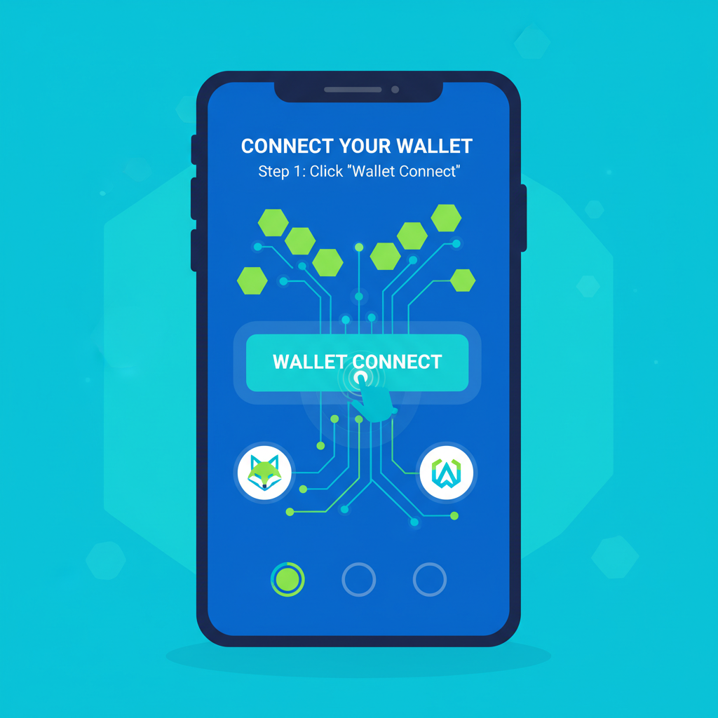 smartphone screen with wallet connect button clicked, futuristic crypto UI, vibrant blues and greens