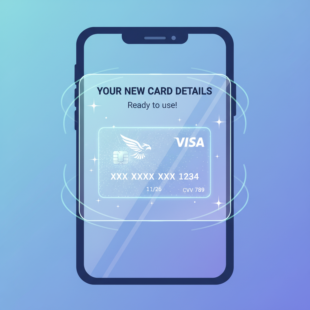 screen popping up shiny virtual Visa card details, holographic card render, instant notification effect