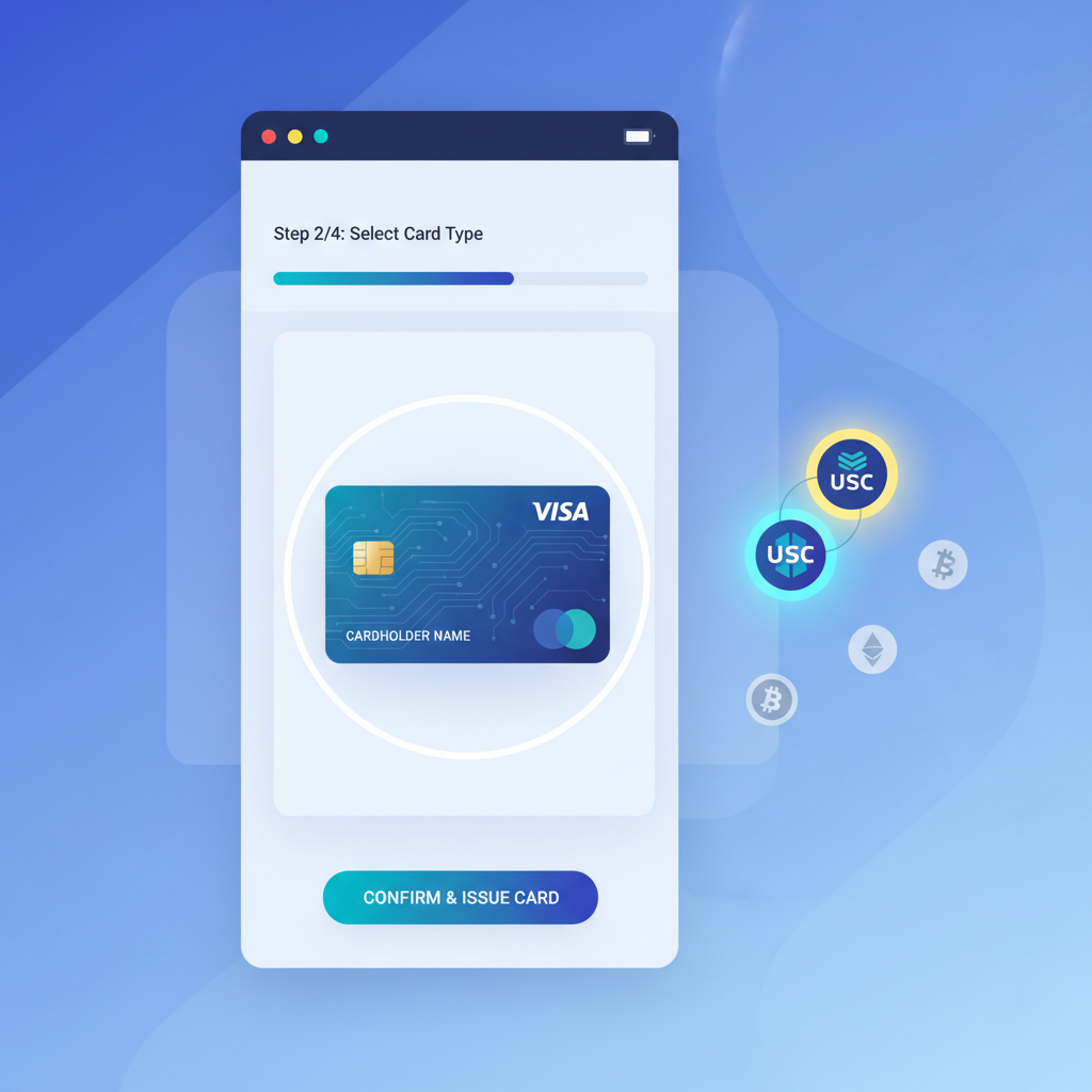 sleek app interface selecting virtual Visa card issuance, USDC icons glowing, modern dashboard