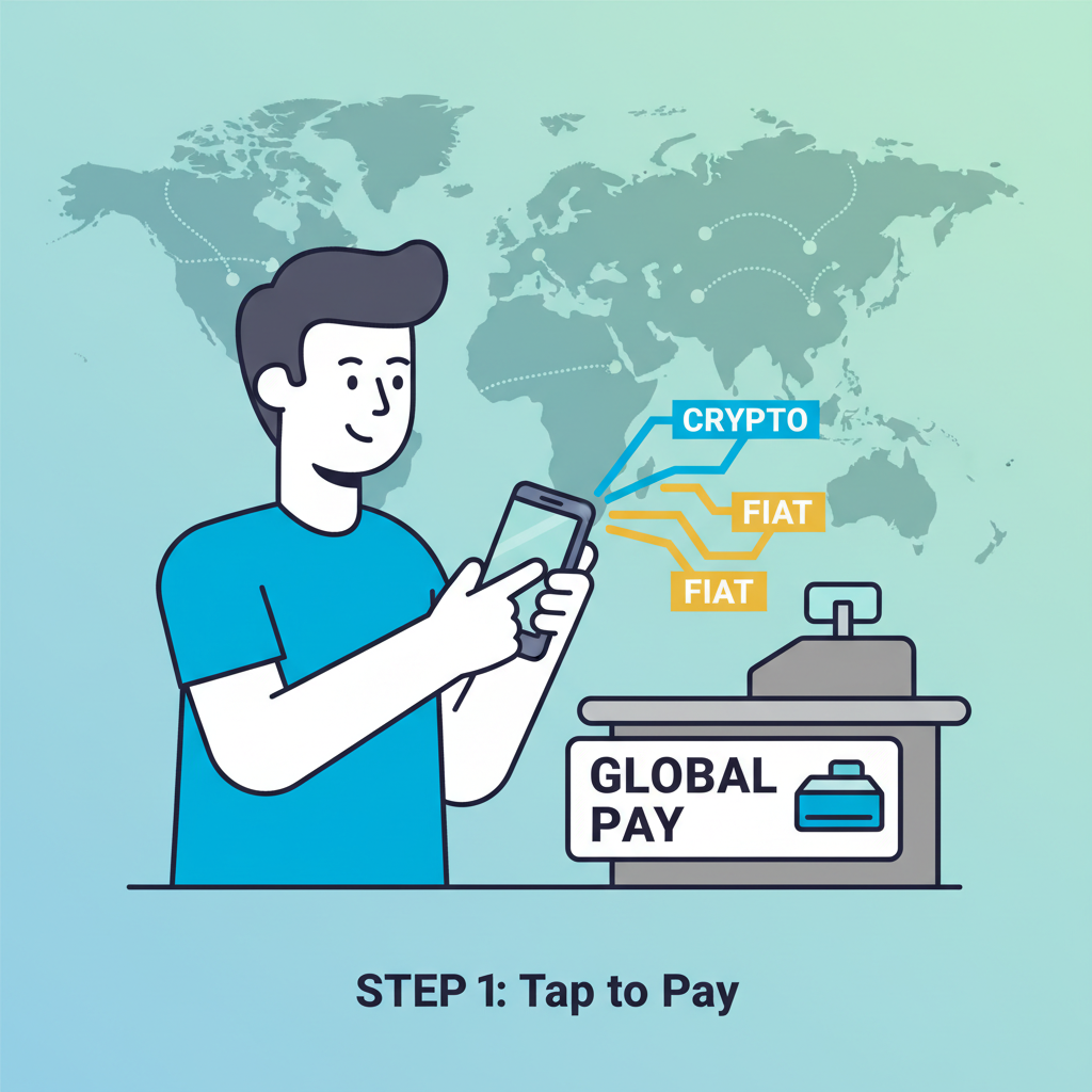 person tapping phone to pay at global store, world map background, crypto-to-fiat flow arrows