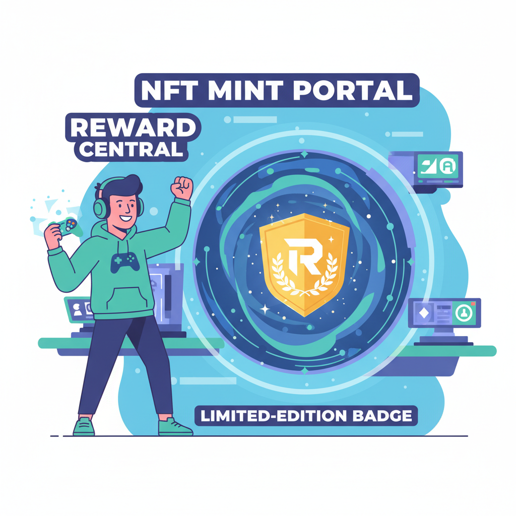 /imagine prompt: glowing NFT mint portal in Reward Central, limited-edition badge emerging, triumphant gamer --ar 16:9 --v 6