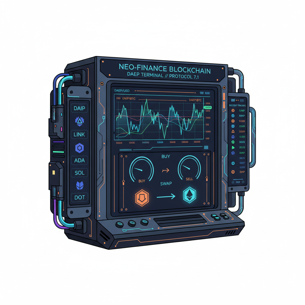 /imagine prompt: blockchain trading terminal with DAEP tokens, charts and swaps, cyberpunk aesthetic --ar 16:9 --v 6