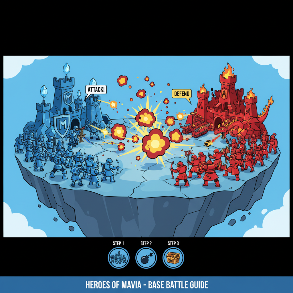 /imagine prompt: epic base battle in Heroes of Mavia, army clashing, explosions, cartoonish web3 game art --ar 16:9 --v 6