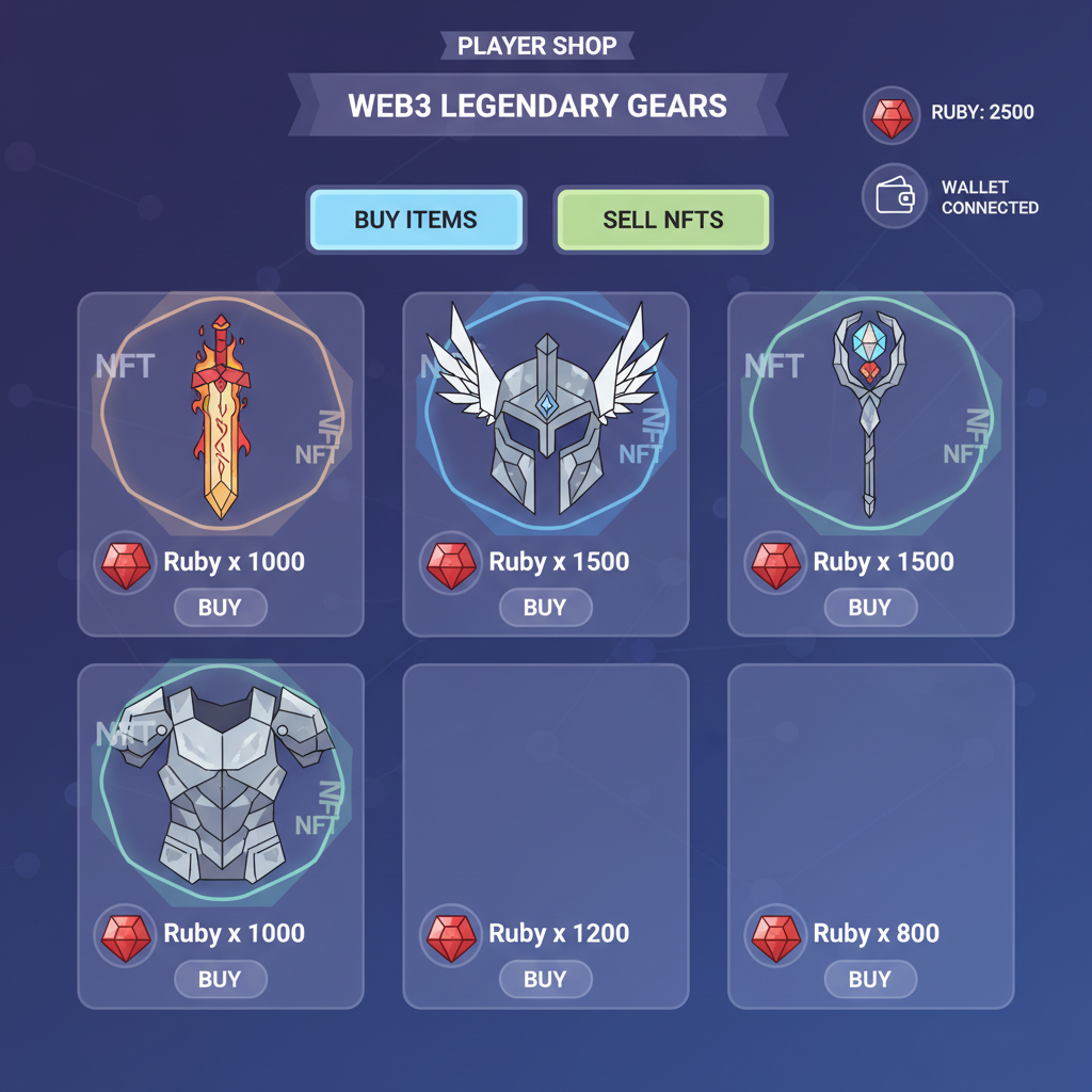 /imagine prompt: player shop interface in web3 game, buying legendary items with Ruby, glowing NFTs --ar 16:9 --v 6