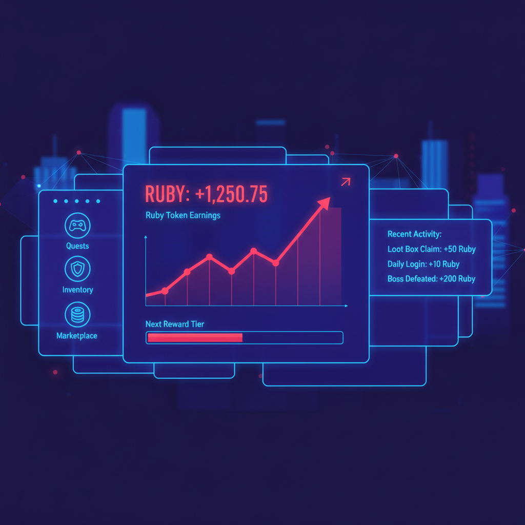 /imagine prompt: futuristic game dashboard showing rising Ruby token earnings graph, neon blue hues, web3 style --ar 16:9 --v 6