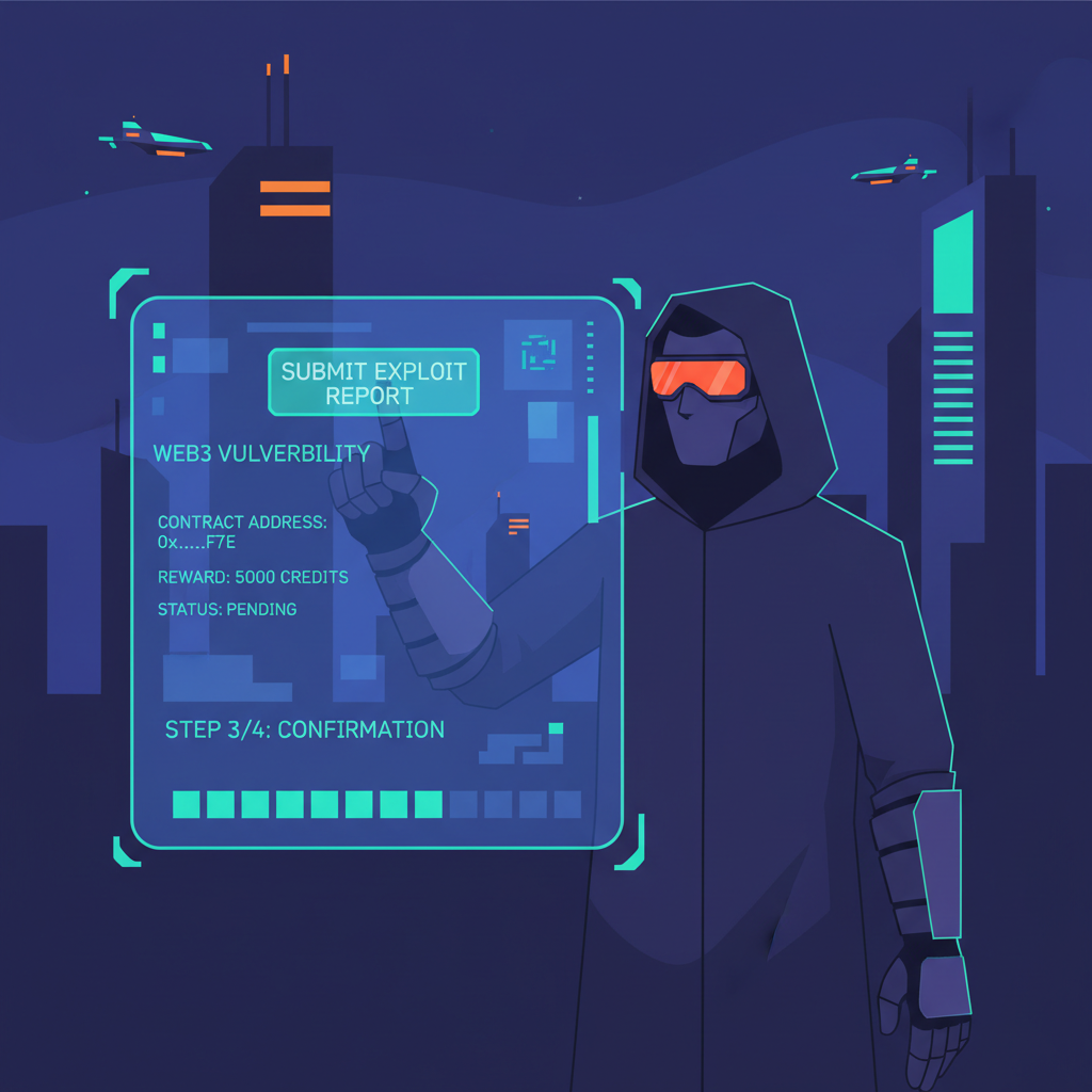 bounty hunter submitting web3 exploit report on futuristic platform interface, cyberpunk style