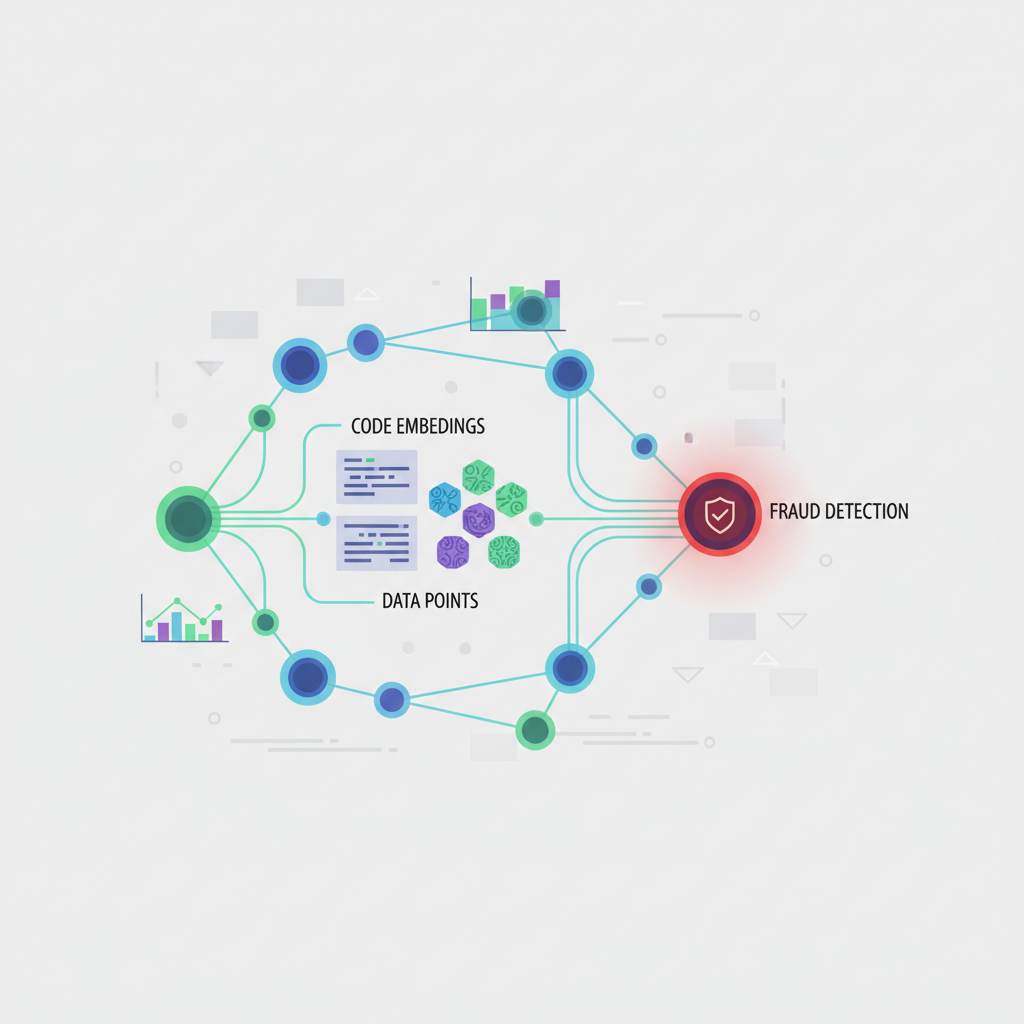 AI neural network analyzing code and data embeddings for fraud detection, glowing nodes and graphs