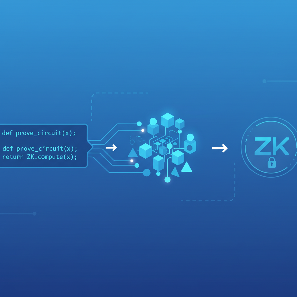 compiling ZK proof circuit from code, abstract digital circuitry forming, blue tones