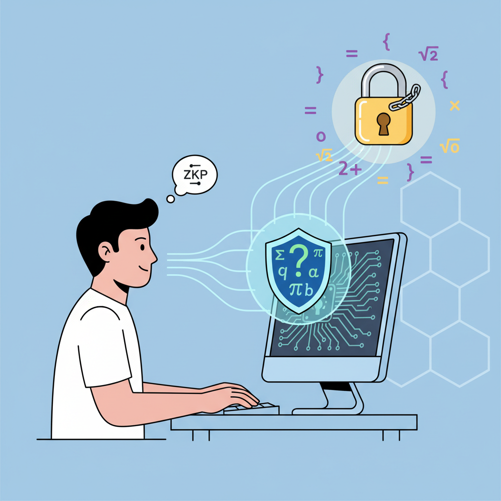 user generating zero-knowledge proof on computer, secure lock and math symbols glowing
