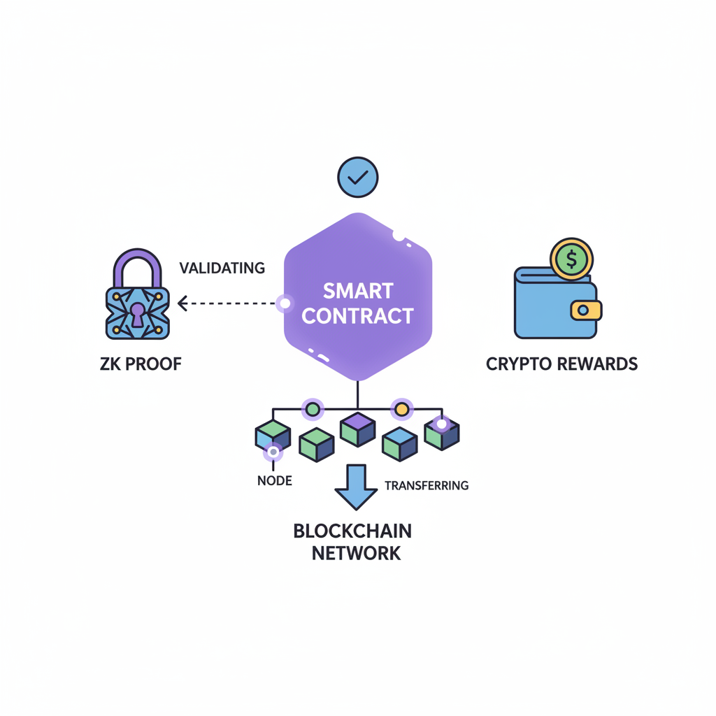 smart contract validating ZK proof and transferring crypto rewards, blockchain nodes connected