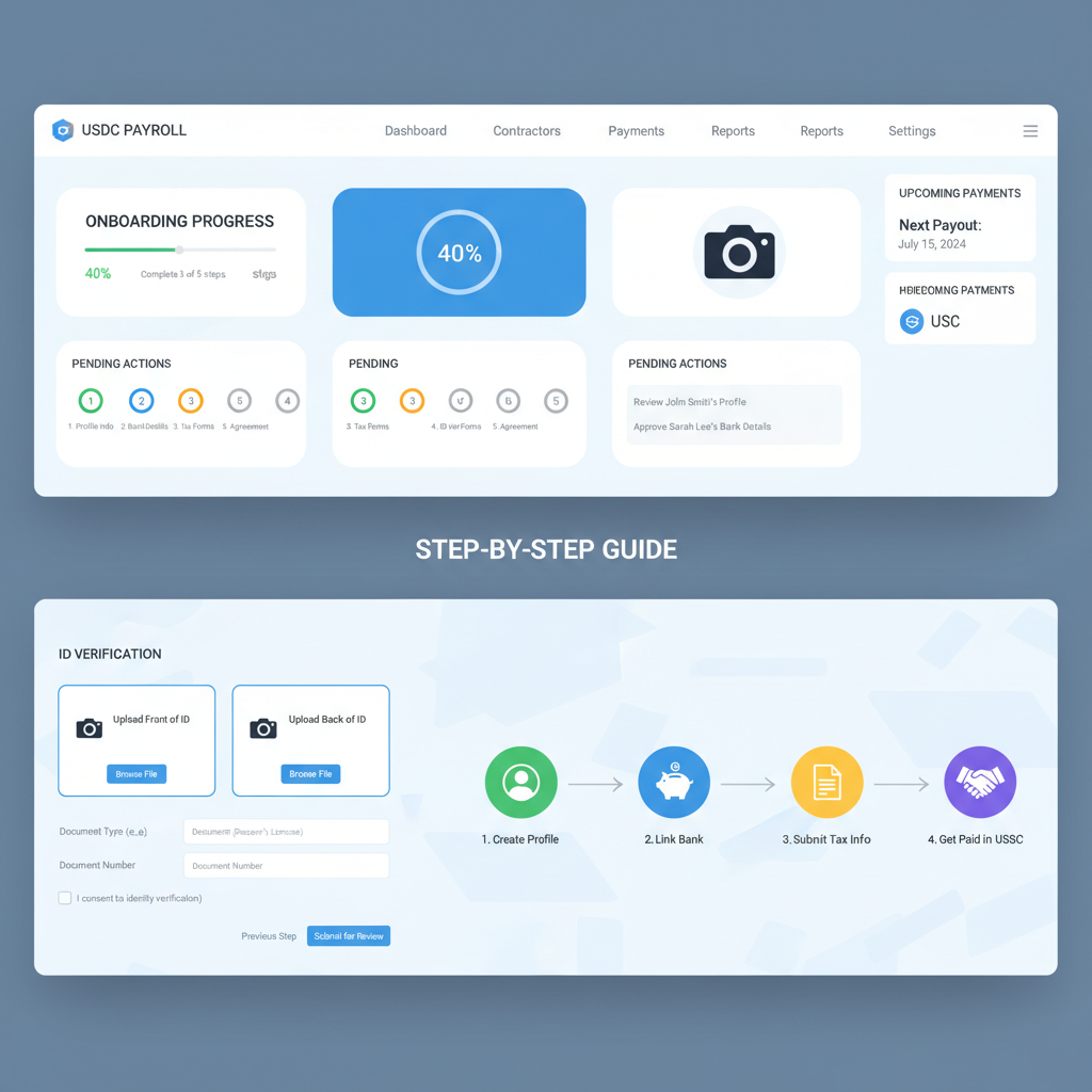 professional web interface for onboarding contractors on USDC payroll platform, clean dashboard, verification forms