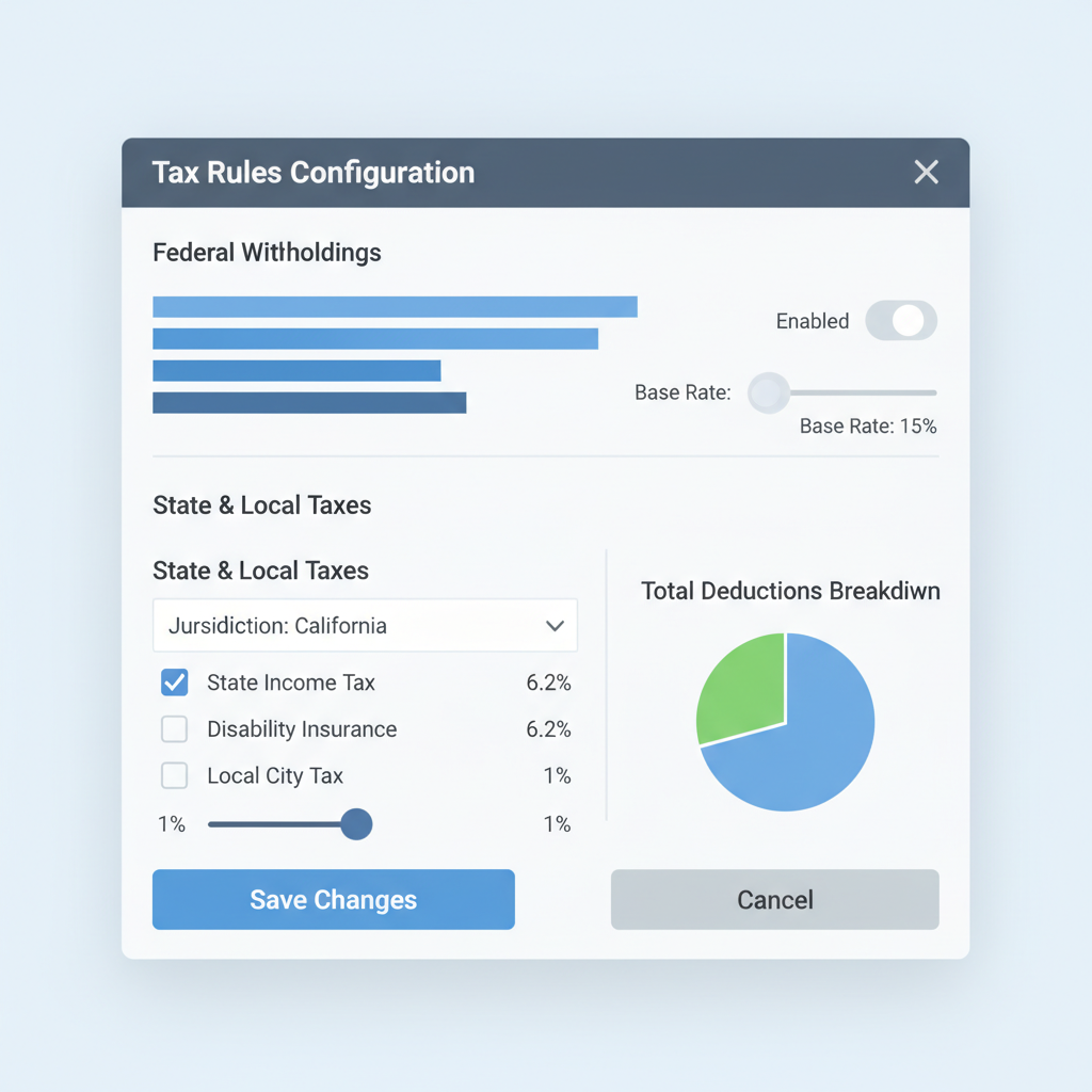 settings panel configuring tax rules on payroll software, charts and sliders for withholdings, professional UI