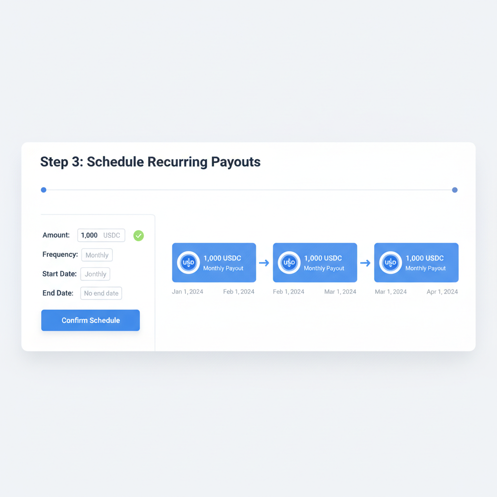 calendar interface scheduling recurring USDC payouts, timeline view with stablecoin icons