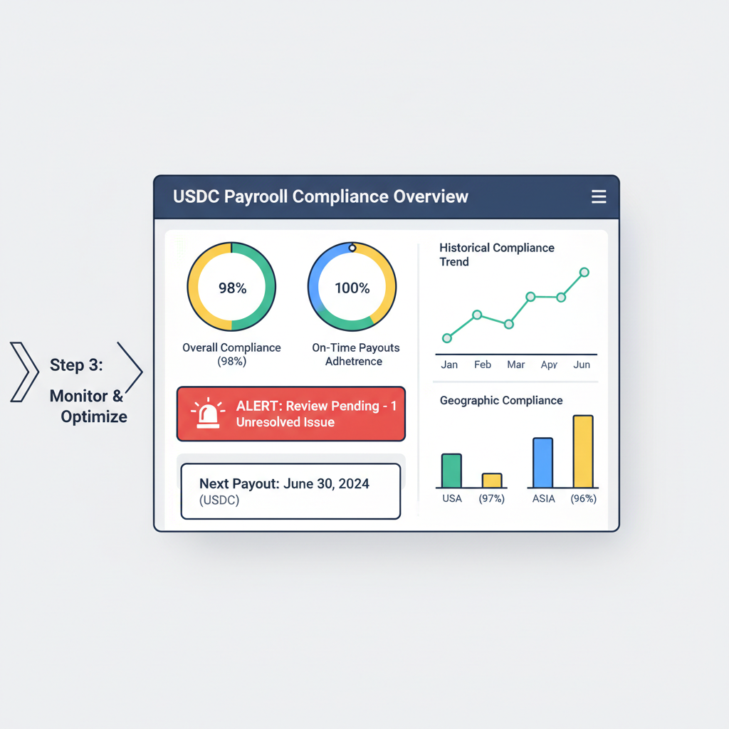 analytics dashboard showing USDC payroll compliance metrics, graphs and alerts, modern design