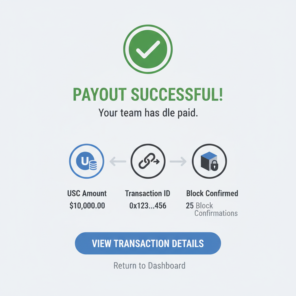 button to execute USDC payout on payroll platform, success confirmation screen, blockchain elements
