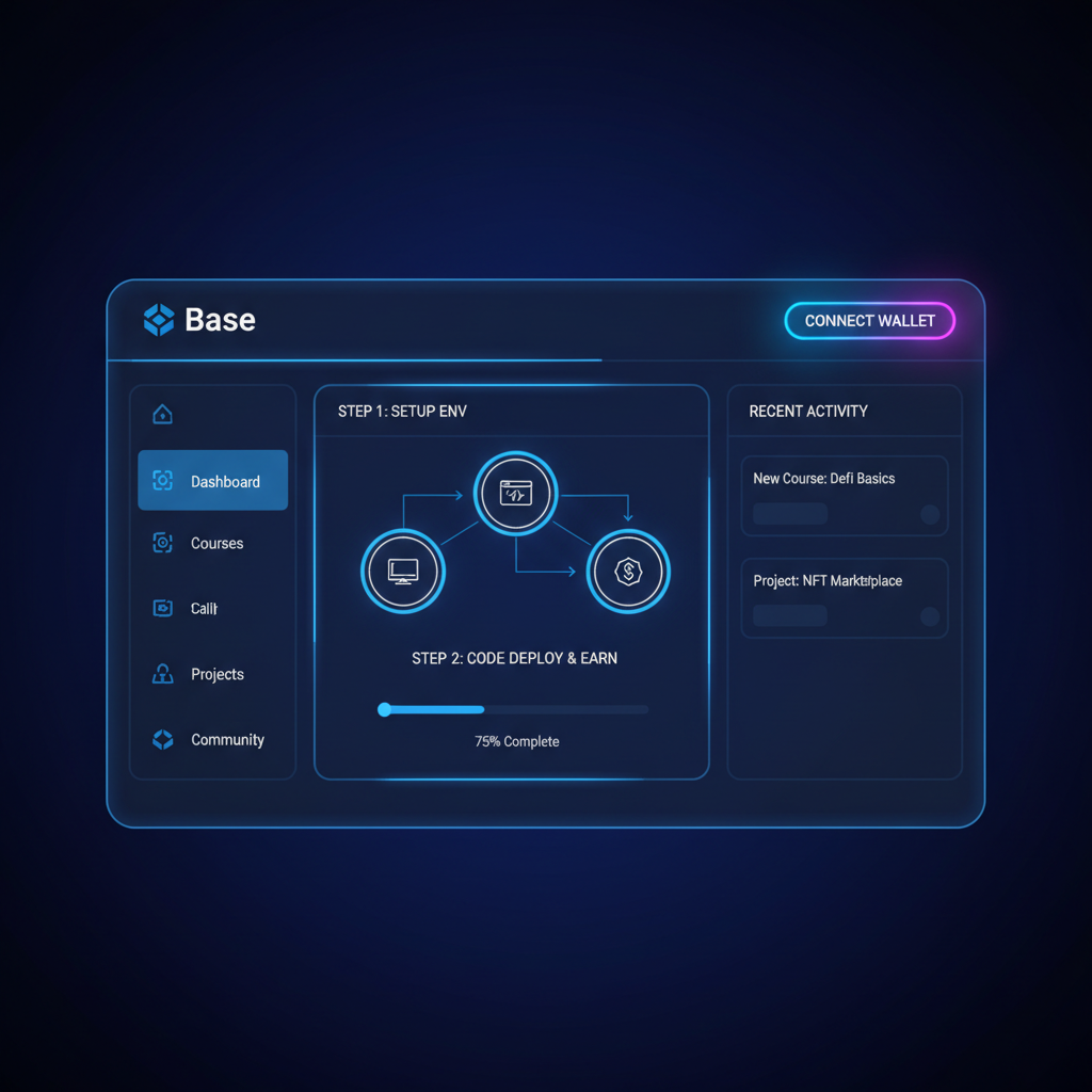 sleek web dashboard for blockchain dev camp, blue neon Base theme, wallet connect button glowing