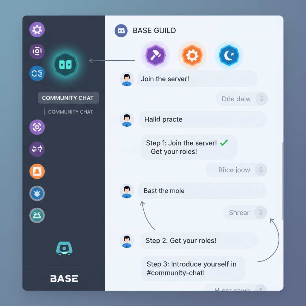 discord server with guild role badges glowing, base chain icons, community chat