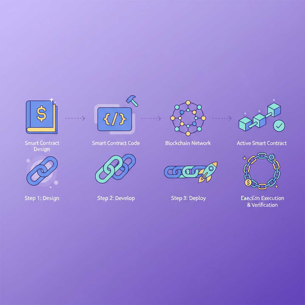 sequence of smart contract deployments, chain links forming, base purple gradient