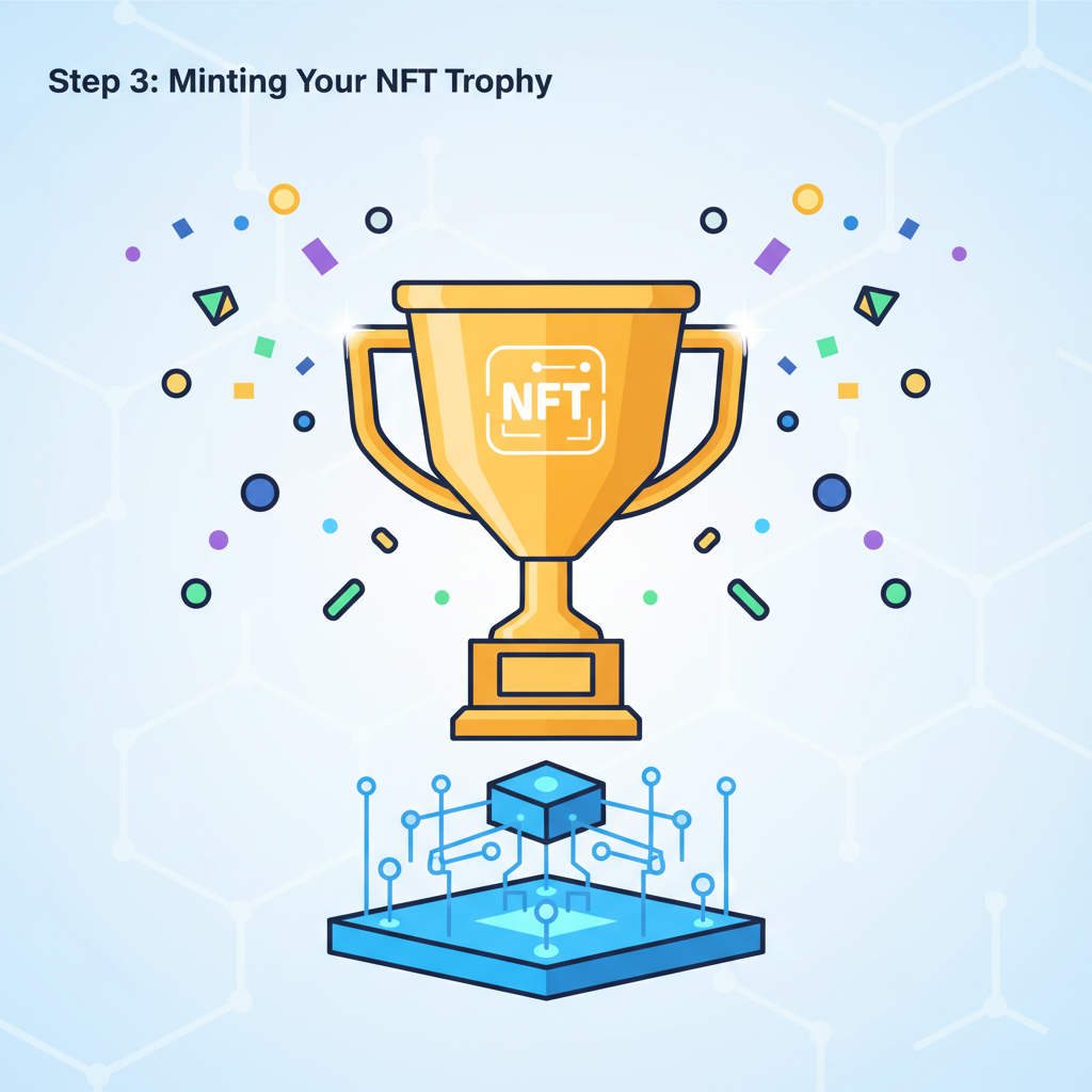 minting nft trophy for developers, golden nft on blockchain pedestal, confetti effect