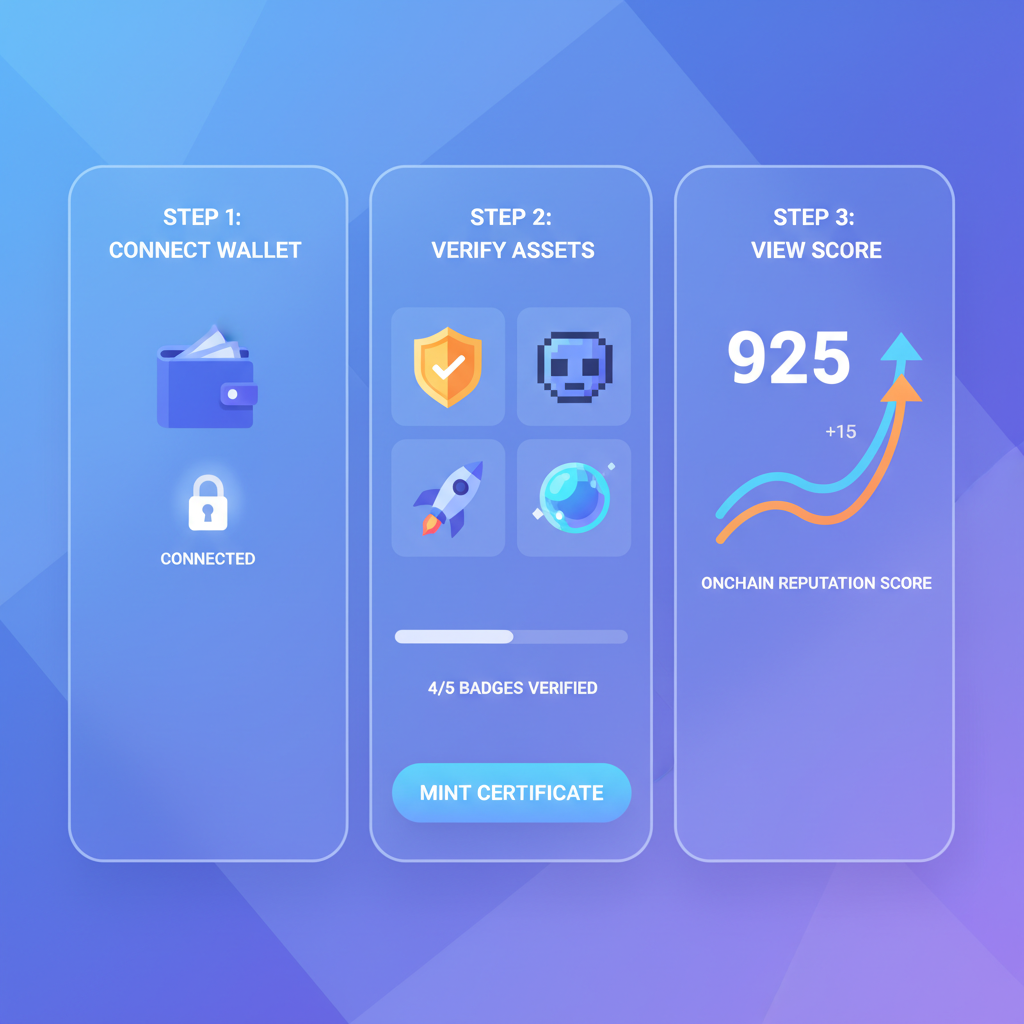 dashboard verifying onchain badges and nfts, score rising graph, futuristic ui