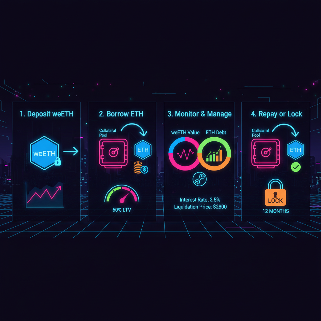 Borrowing ETH from weETH collateral in lending app, charts and locks, neon cyberpunk