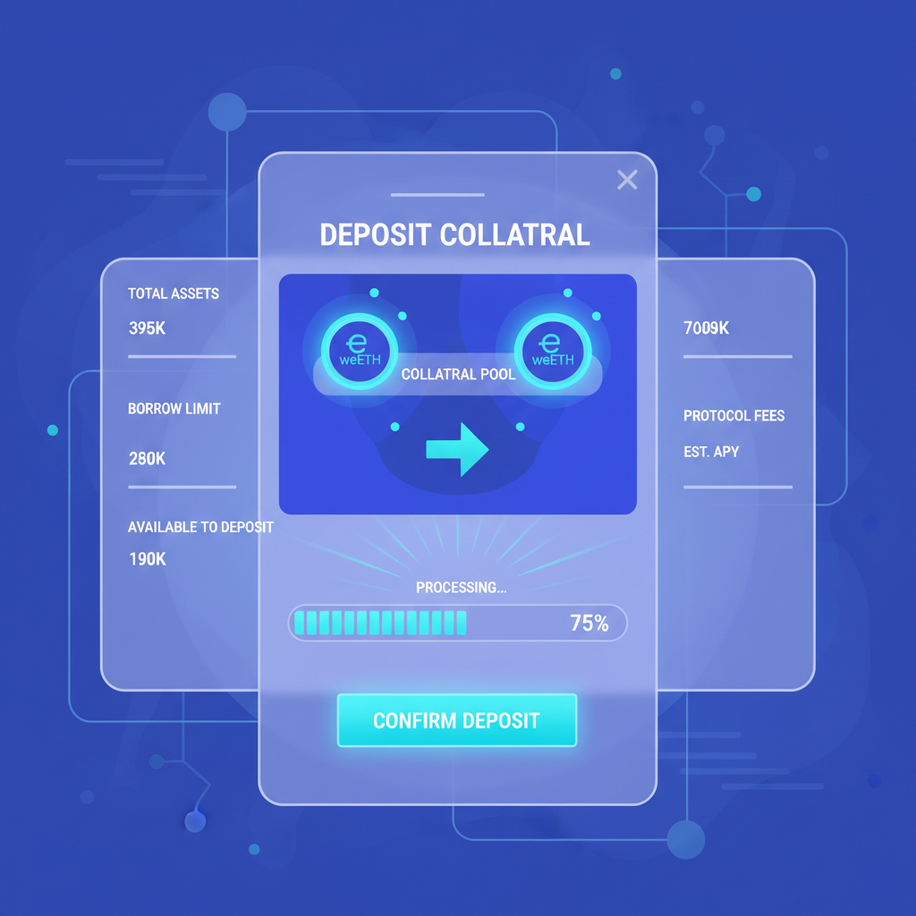 DeFi dashboard depositing weETH collateral, glowing blue tokens, futuristic UI