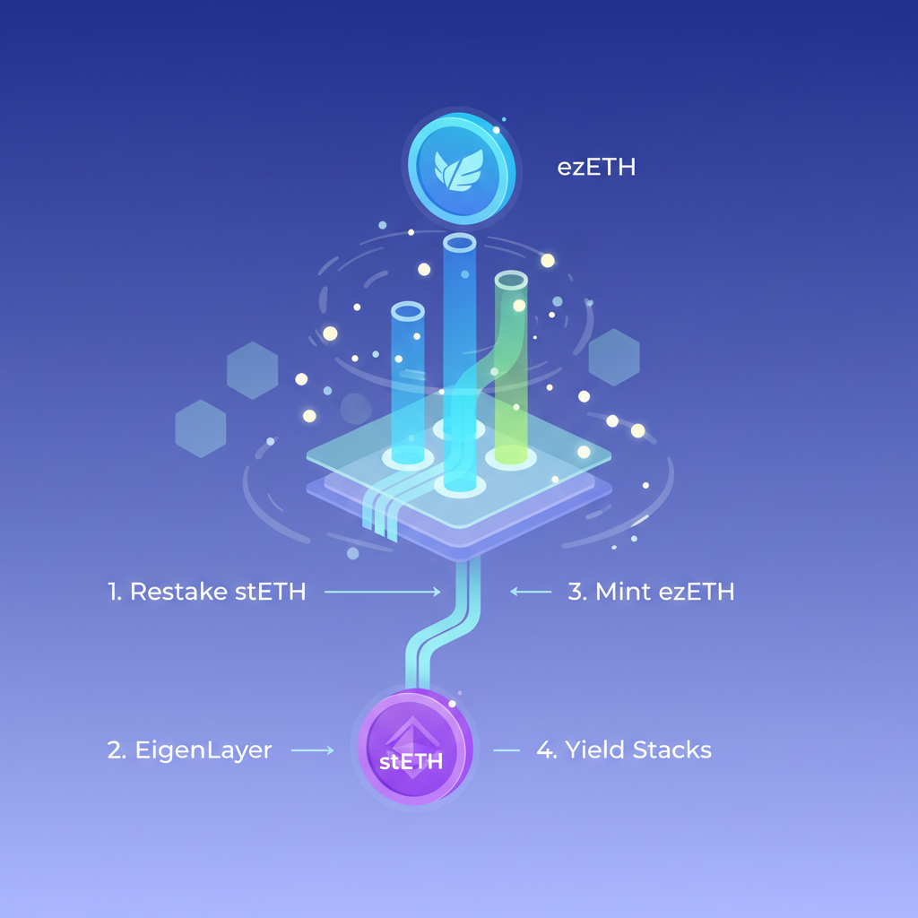 Restaking stETH to ezETH on EigenLayer, multi-layer yield stacks, ethereal blockchain