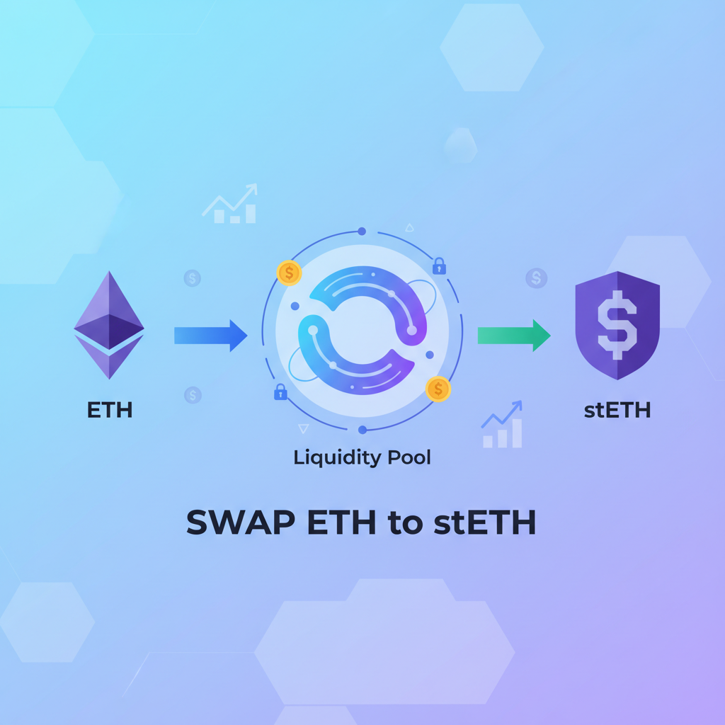 Swapping ETH to stETH on DEX, liquidity pools flowing, vibrant DeFi graphics