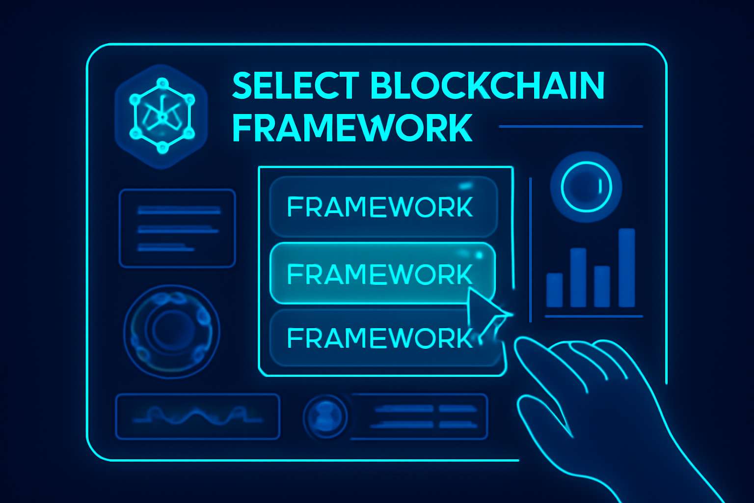 futuristic dashboard selecting blockchain frameworks, neon UI, high-tech vibe