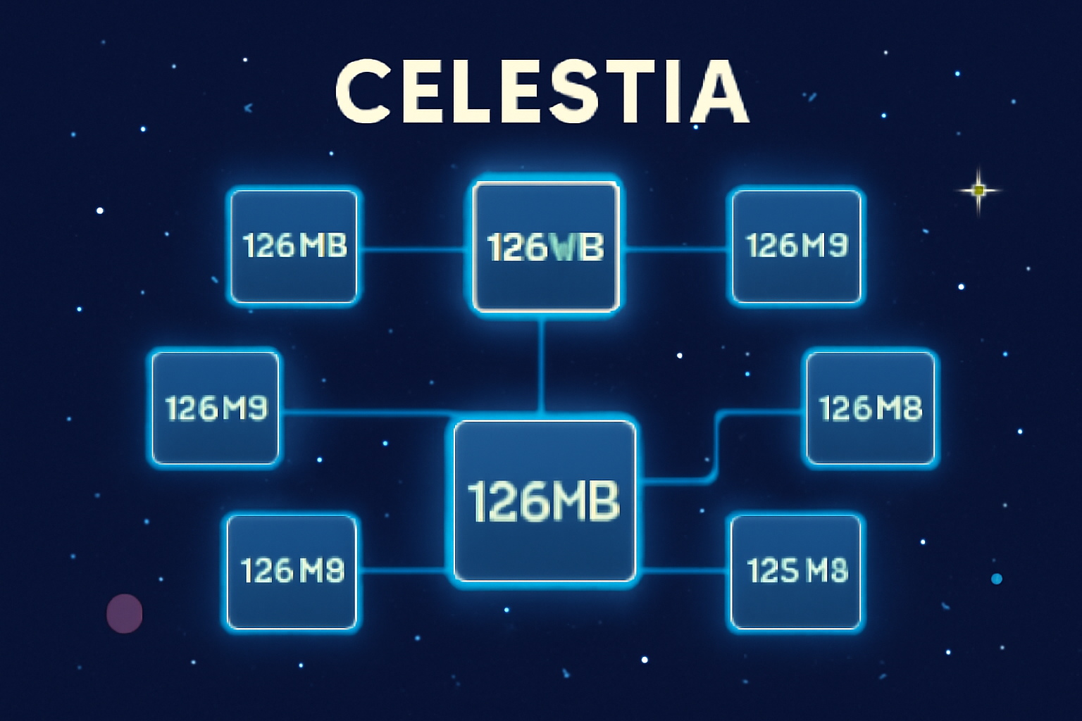Celestia blockchain network with glowing 128MB data blocks, cosmic modular design