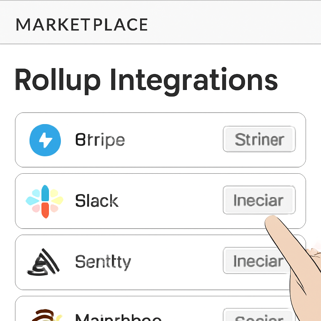 marketplace UI with rollup integrations, app icons, easy one-click buttons
