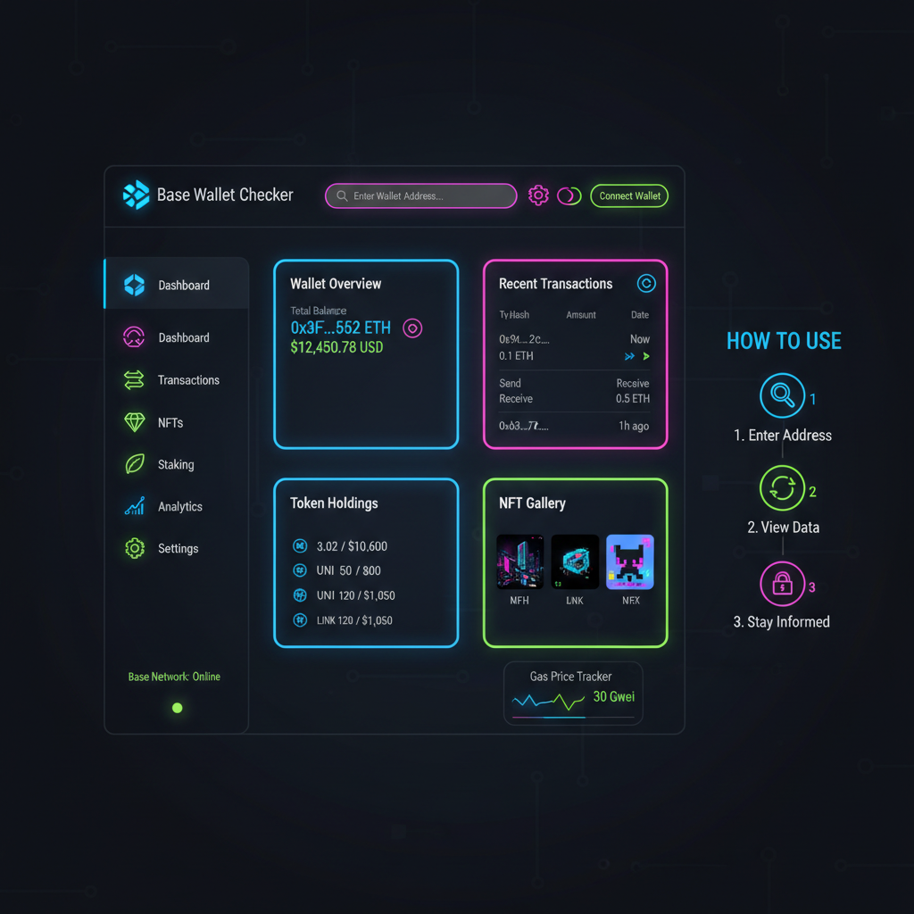sleek crypto dashboard interface for wallet checker on Base network, dark mode, neon accents