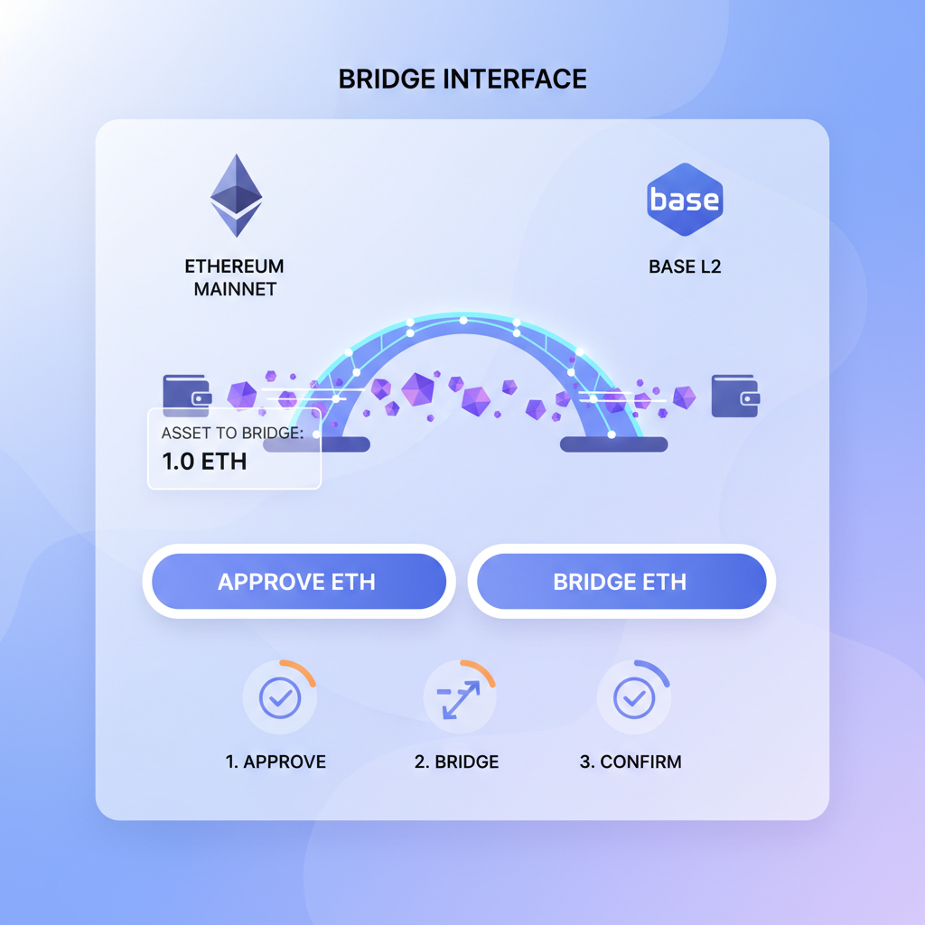bridge interface transferring ETH from Ethereum to Base L2, animated flow with glowing bridges
