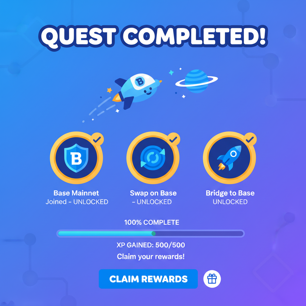 quest completion screen on Galxe for Base ecosystem, badges and progress bars unlocked