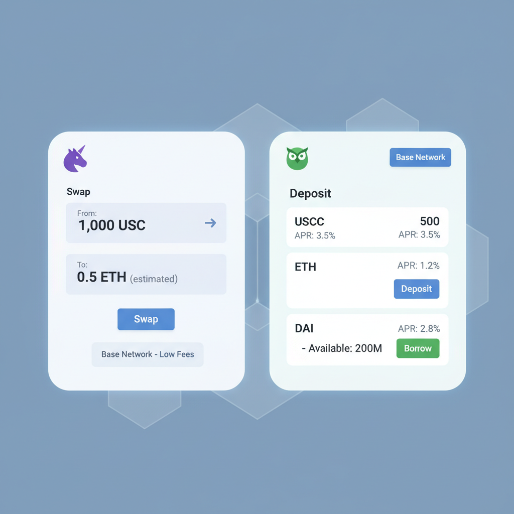 DeFi dApps on Base network dashboard, Uniswap swaps and Aave lending interfaces side by side