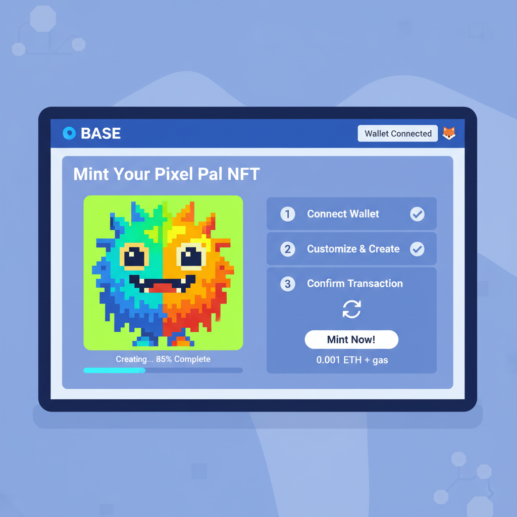 NFT minting page on Base chain, colorful pixel art NFT being created, wallet connected