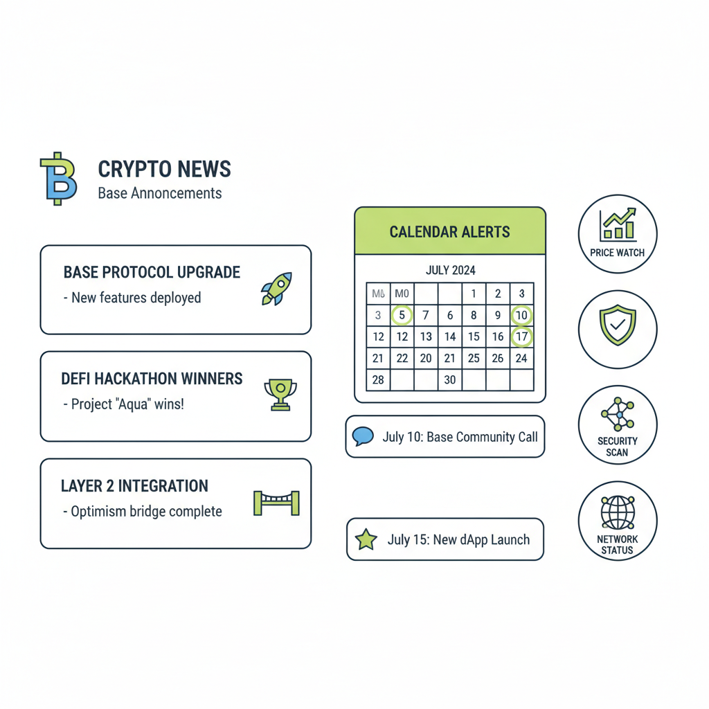 crypto news feed with Base announcements, calendar alerts and monitoring icons
