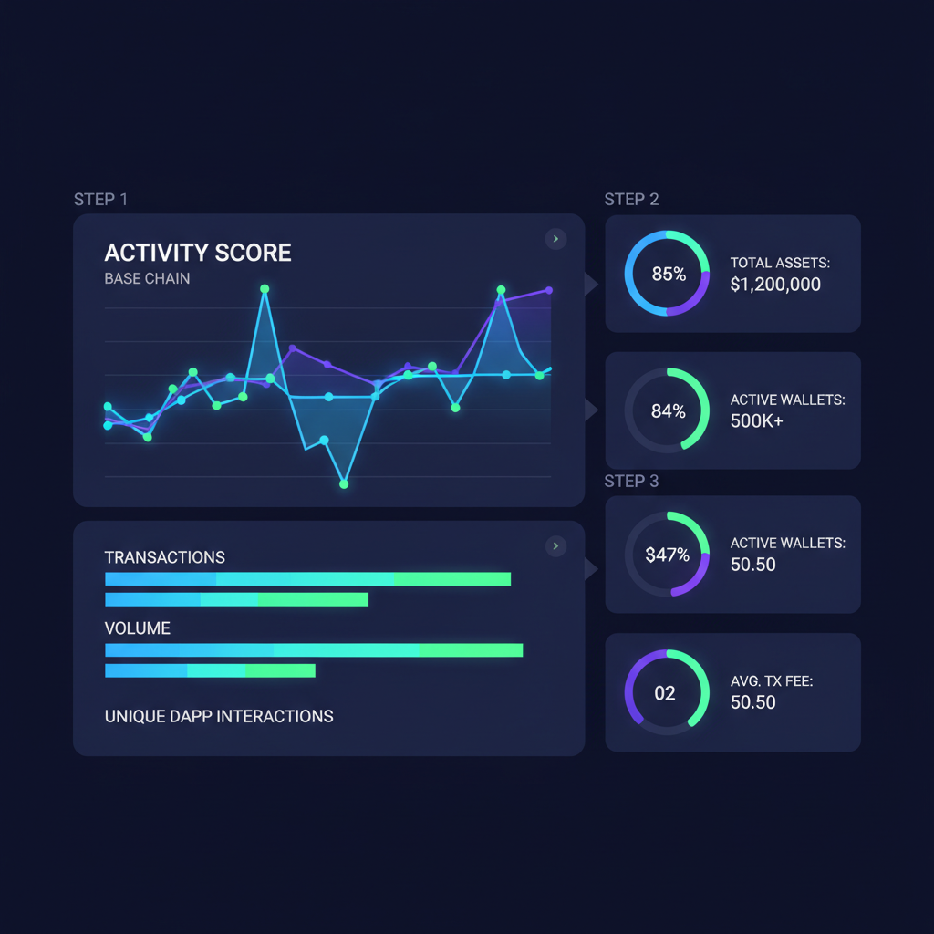 wallet analytics dashboard showing activity score graph for Base chain, charts and metrics glowing