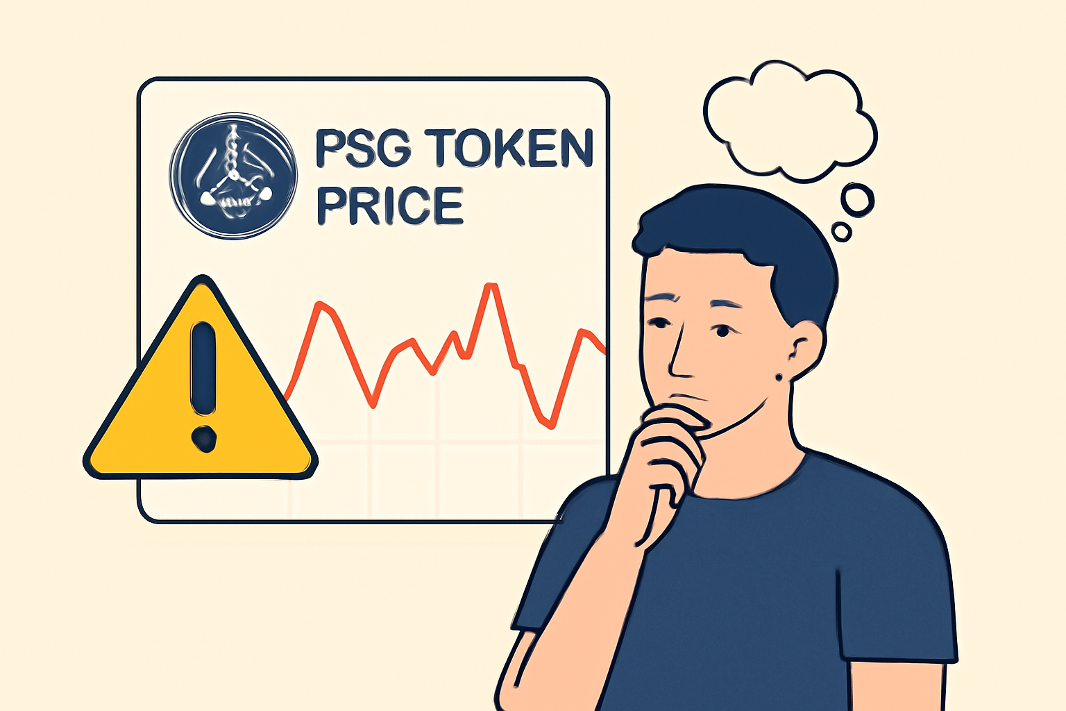 A warning sign next to fluctuating token prices, with PSG token price graph and a thoughtful user considering risks.