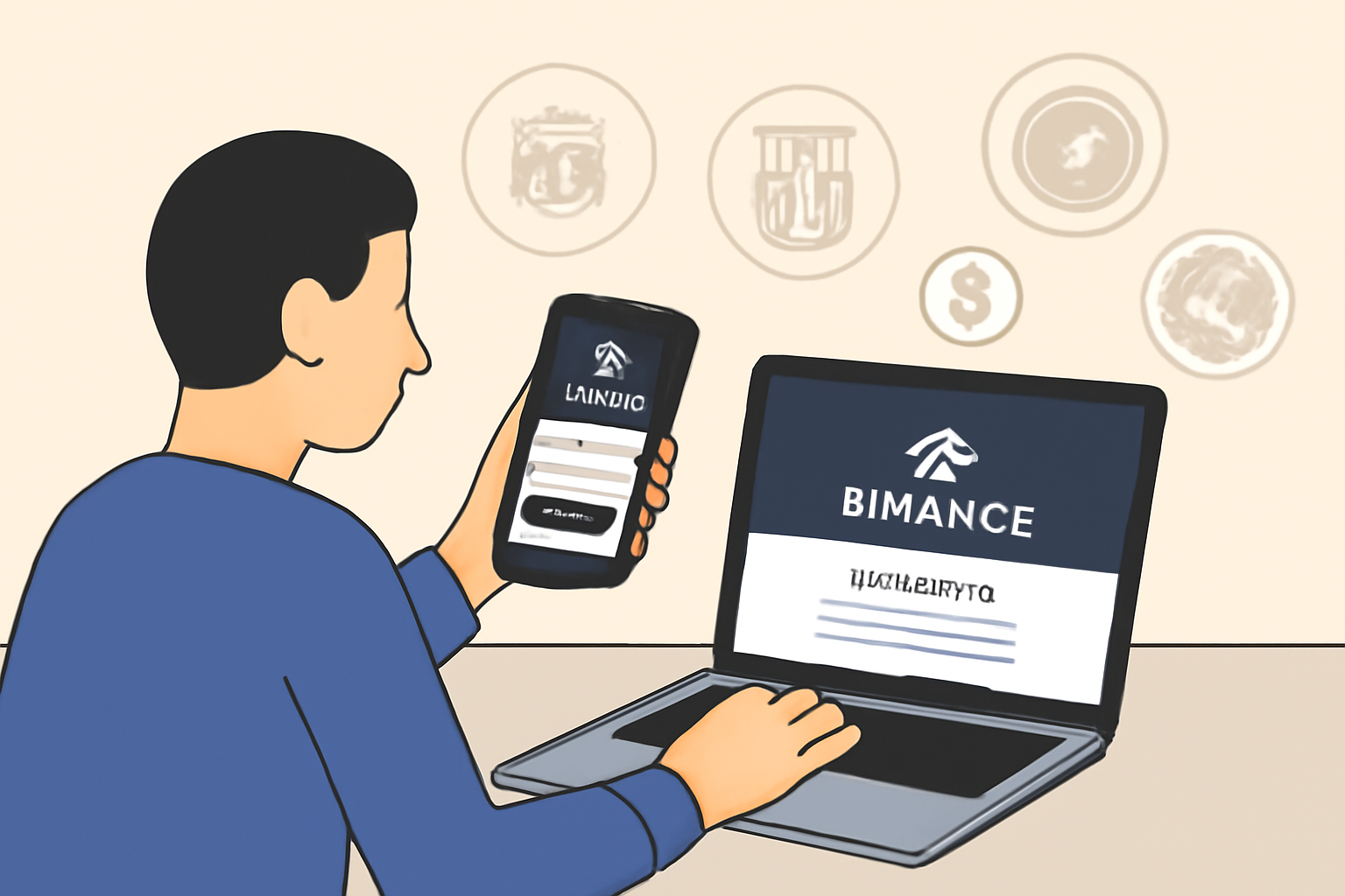 A person using a smartphone and laptop, registering on Socios.com and Binance, with soccer team logos and digital tokens in the background.