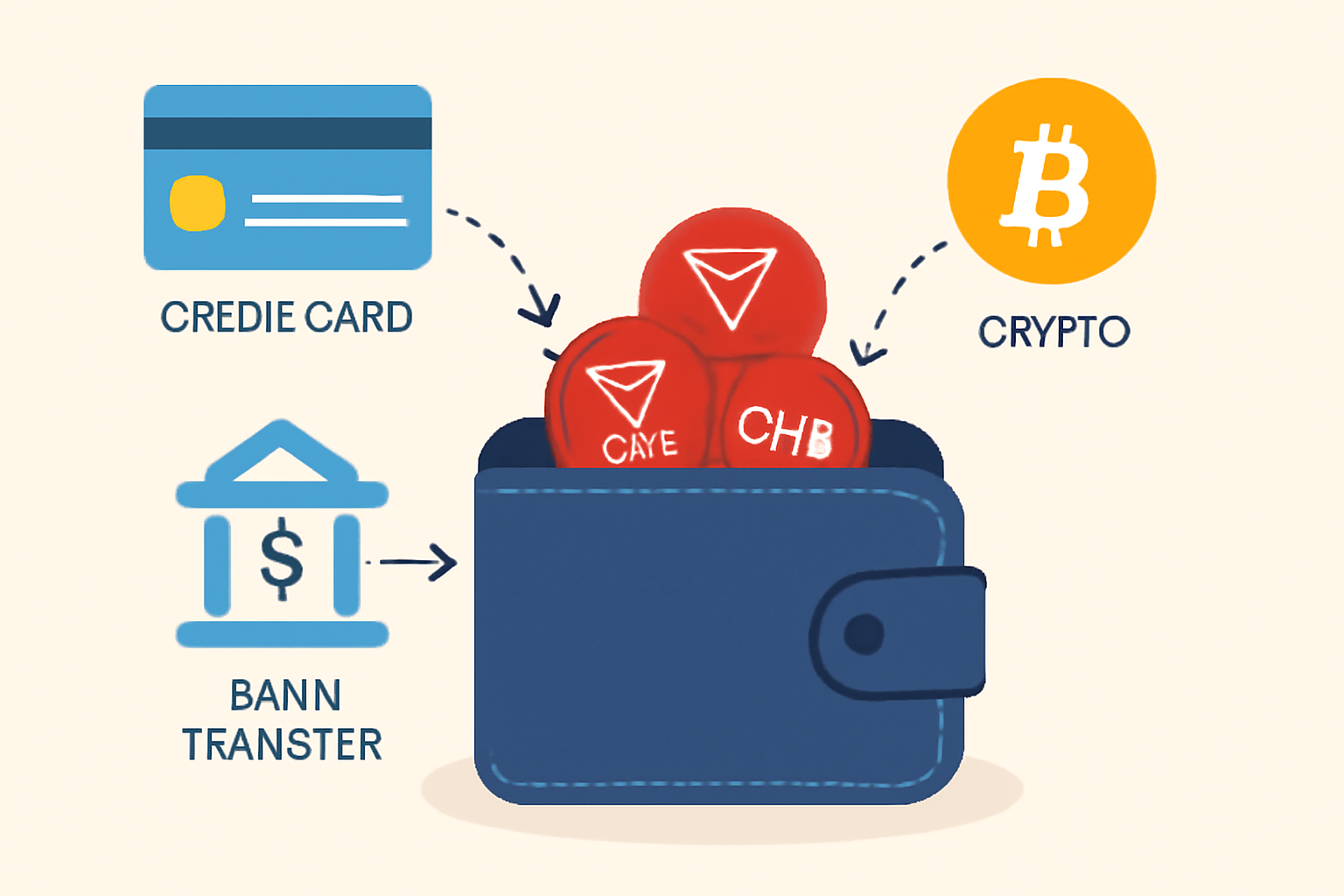 A digital wallet being funded with various payment methods, including credit cards, bank transfer, and crypto, with CHZ tokens visible.