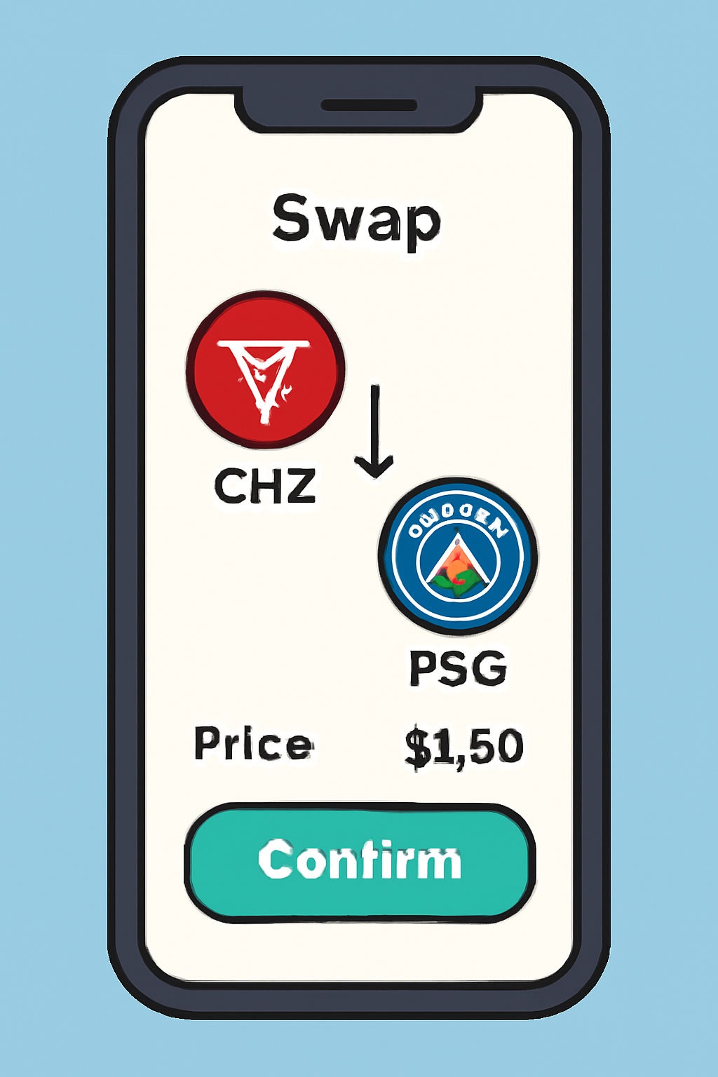 A user swapping CHZ for PSG tokens on a mobile app, with a confirmation screen showing the $1.50 price.