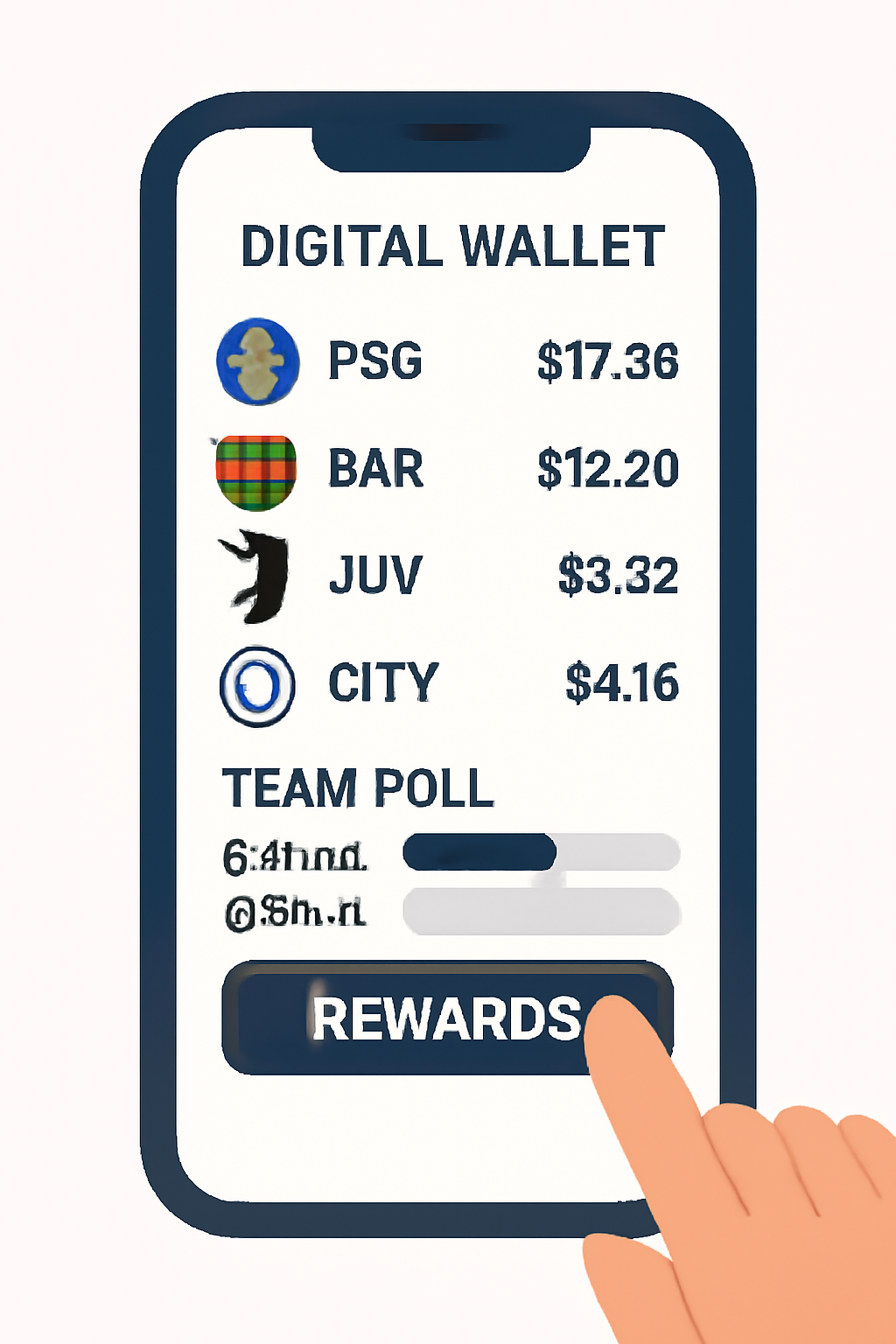 A digital wallet displaying PSG, BAR, JUV, and CITY tokens with their respective prices, and a user engaging with team polls and rewards.