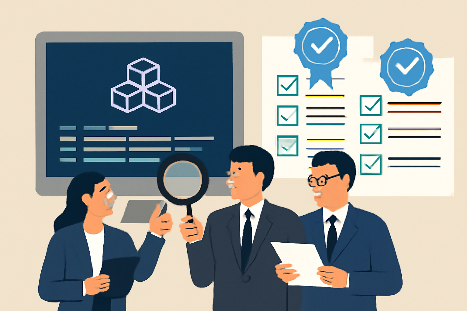 professional audit team reviewing blockchain code with compliance checklists and seals