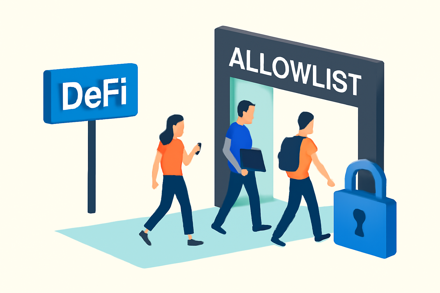 DeFi platform launch with allowlist access gate opening and users entering securely