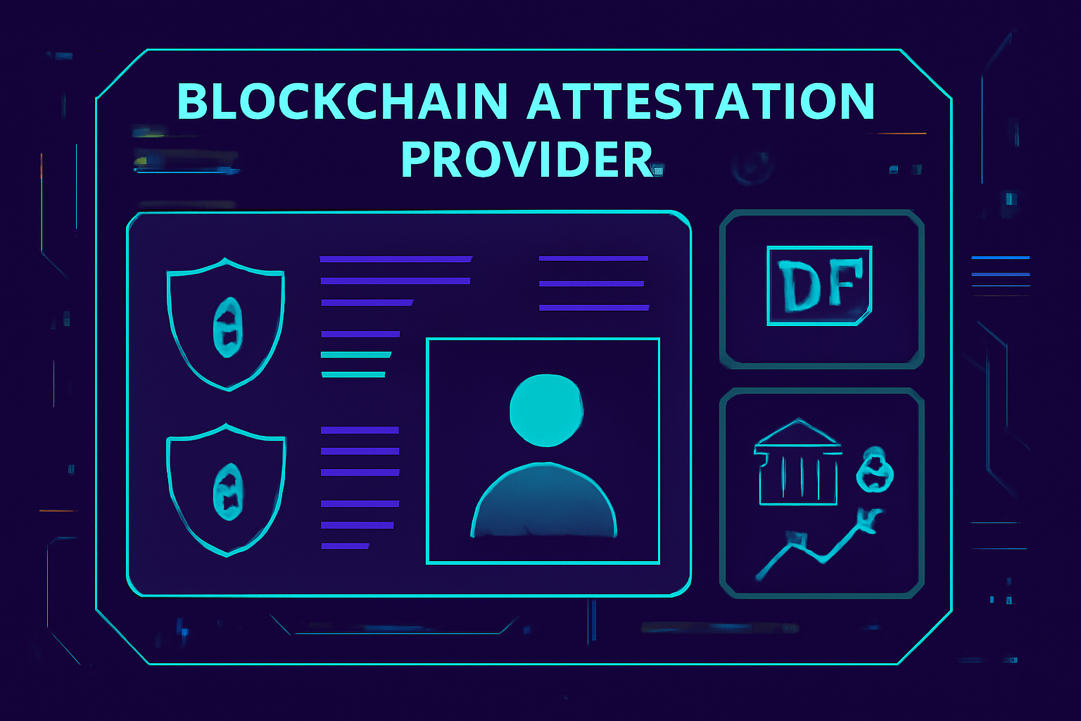 futuristic blockchain attestation provider dashboard with privacy shields and DeFi icons, cyberpunk style