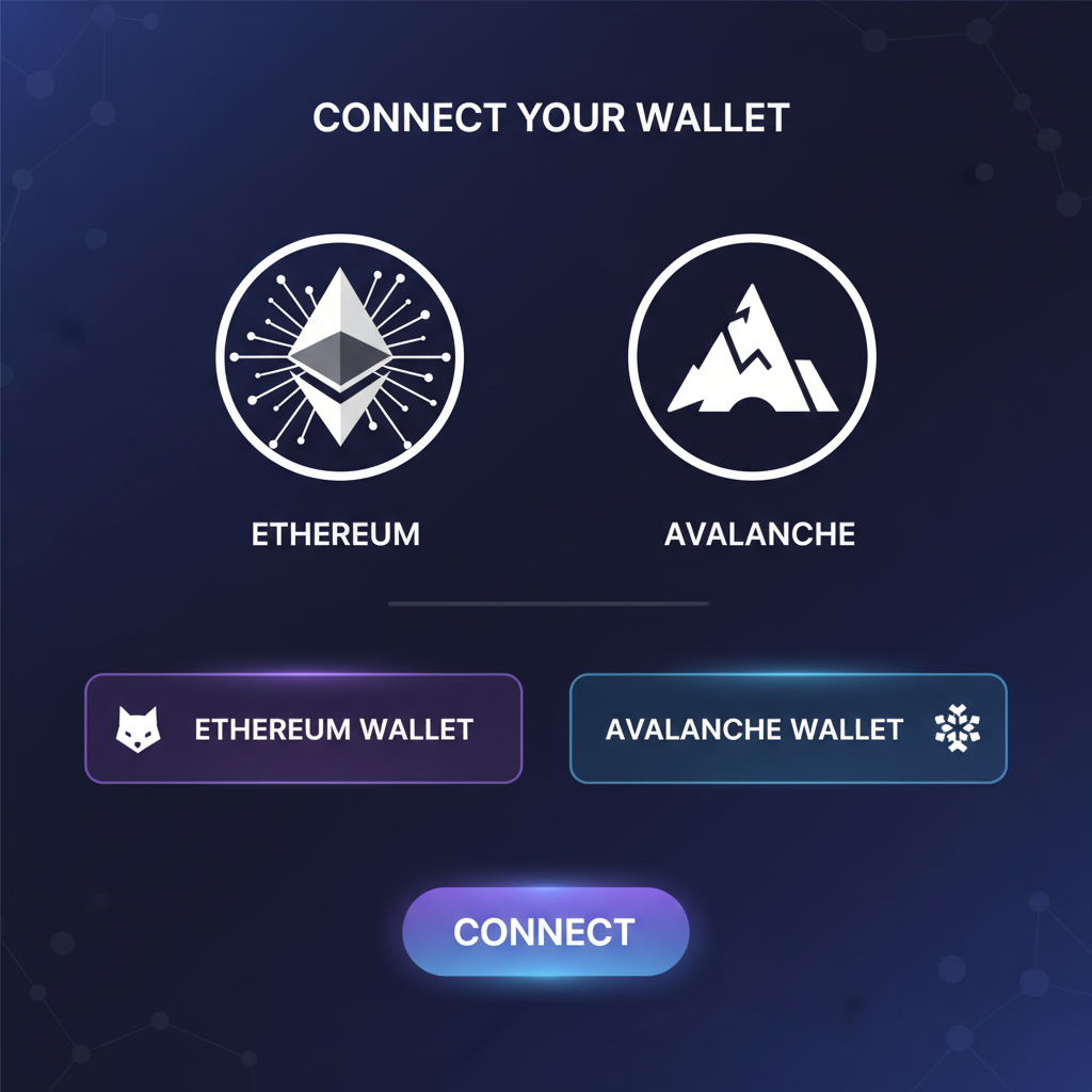 sleek crypto wallet connection interface on ethereum or avalanche blockchain, modern UI, glowing connect button, professional dark theme